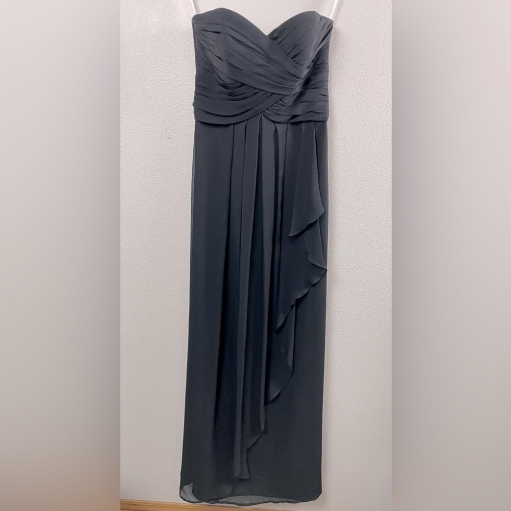 David’s bridal black crinkle chiffon dress with cascade skirt sz 2